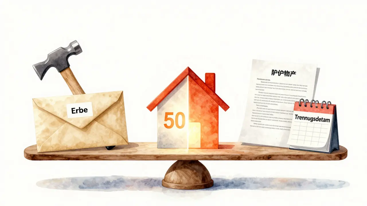 Eine Waage mit Erbe, Renovierungswerkzeug und Hypothekenpapieren, darunter ein Haus mit 50/50-Trennlinie.