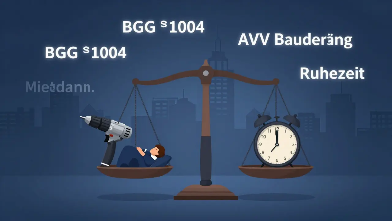 Eine Waage vergleicht baulichen Lärm mit Ruhe und Schlaf, umgeben von rechtlichen Begriffen, symbolisiert den Kampf um Lärmschutz in Deutschland.