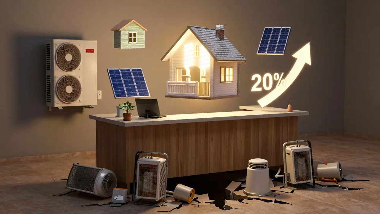 Energieeffiziente Sanierung mit 20% Steuerrückerstattung über einem deutschen Finanzamt, alte Heizung im Schatten.