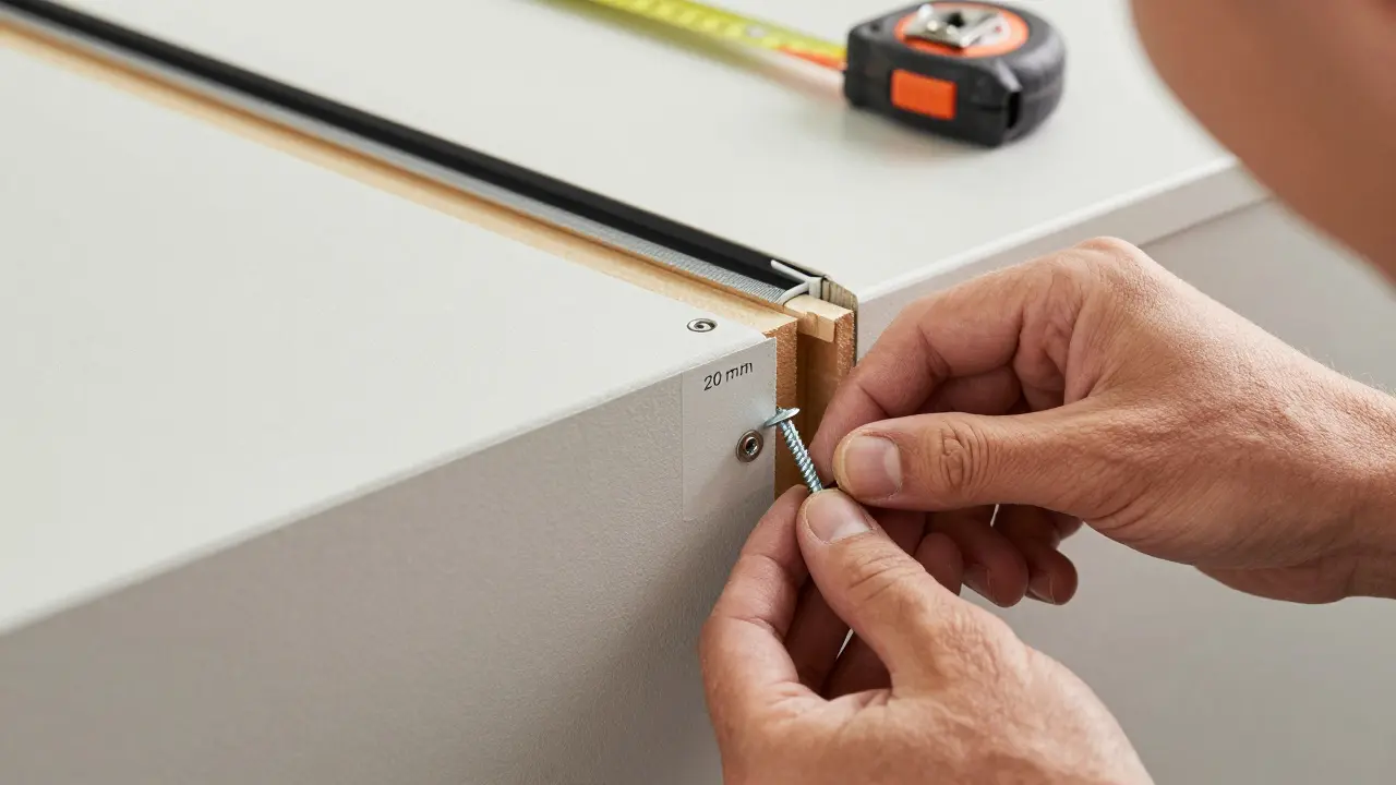 Fachmann befestigt Faserzementplatte mit speziellen Schrauben, 20 mm unter der Kante, mit Ausdehnungsspiel und Dichtband.