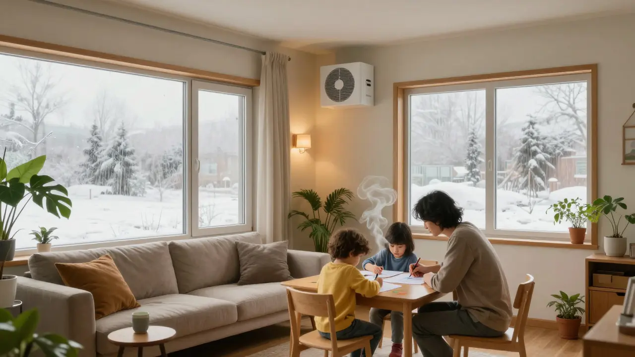 Familie in einem behaglichen Wohnzimmer mit sanfter Luftzirkulation, keine beschlagenen Fenster und keine Schimmelflecken an den Wänden.