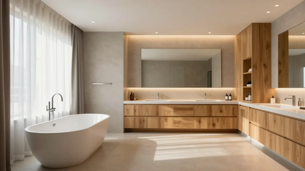 Fertiggestelltes Luxusbad mit Badewanne und warmem Licht.