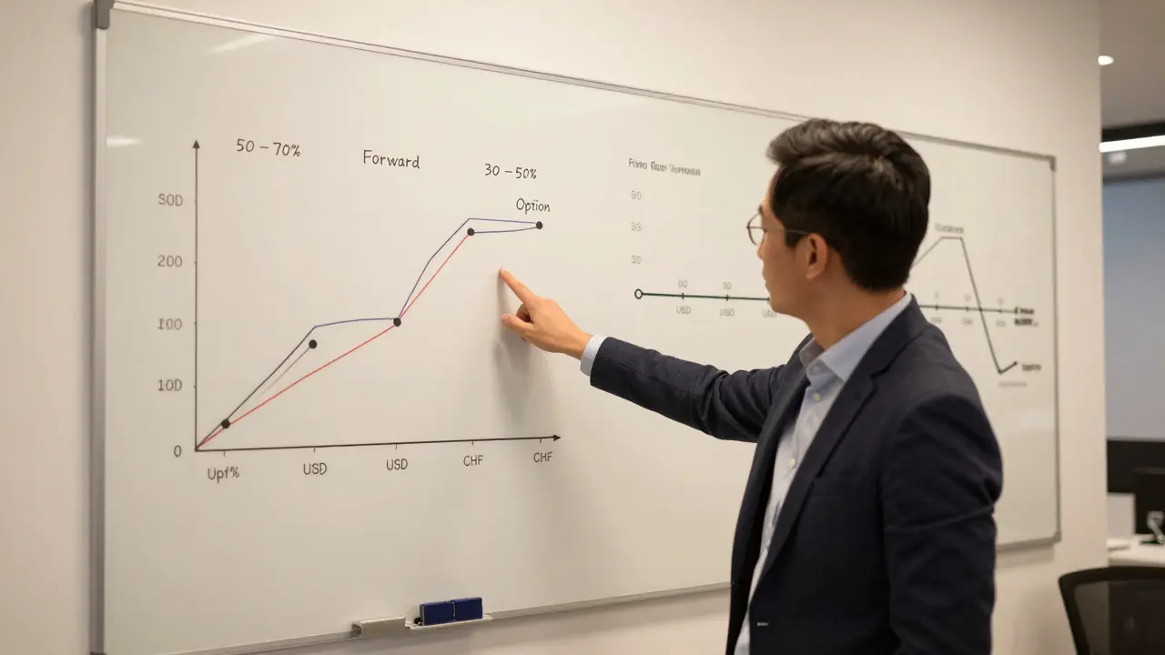 Finanzberater in Berlin erklärt eine Mischung aus Forward und Option an einer Whiteboard-Chart.