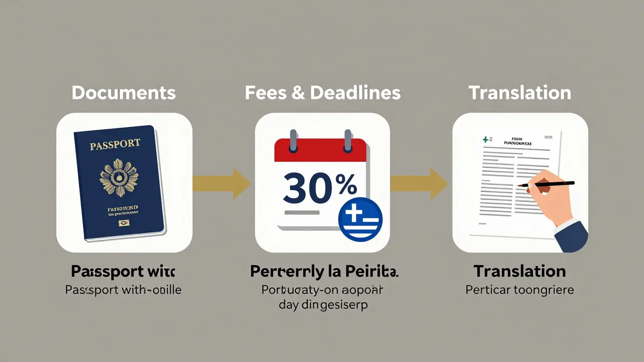 Flowchart mit drei Schlüsselphasen eines Auslandsimmobilienkaufs: Dokumente, Fristen und Übersetzungen, in klaren Linien dargestellt.