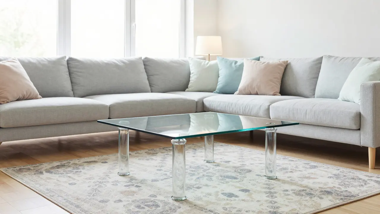 Glastisch im hellen Wohnzimmer vor Sofa mit Tageslicht