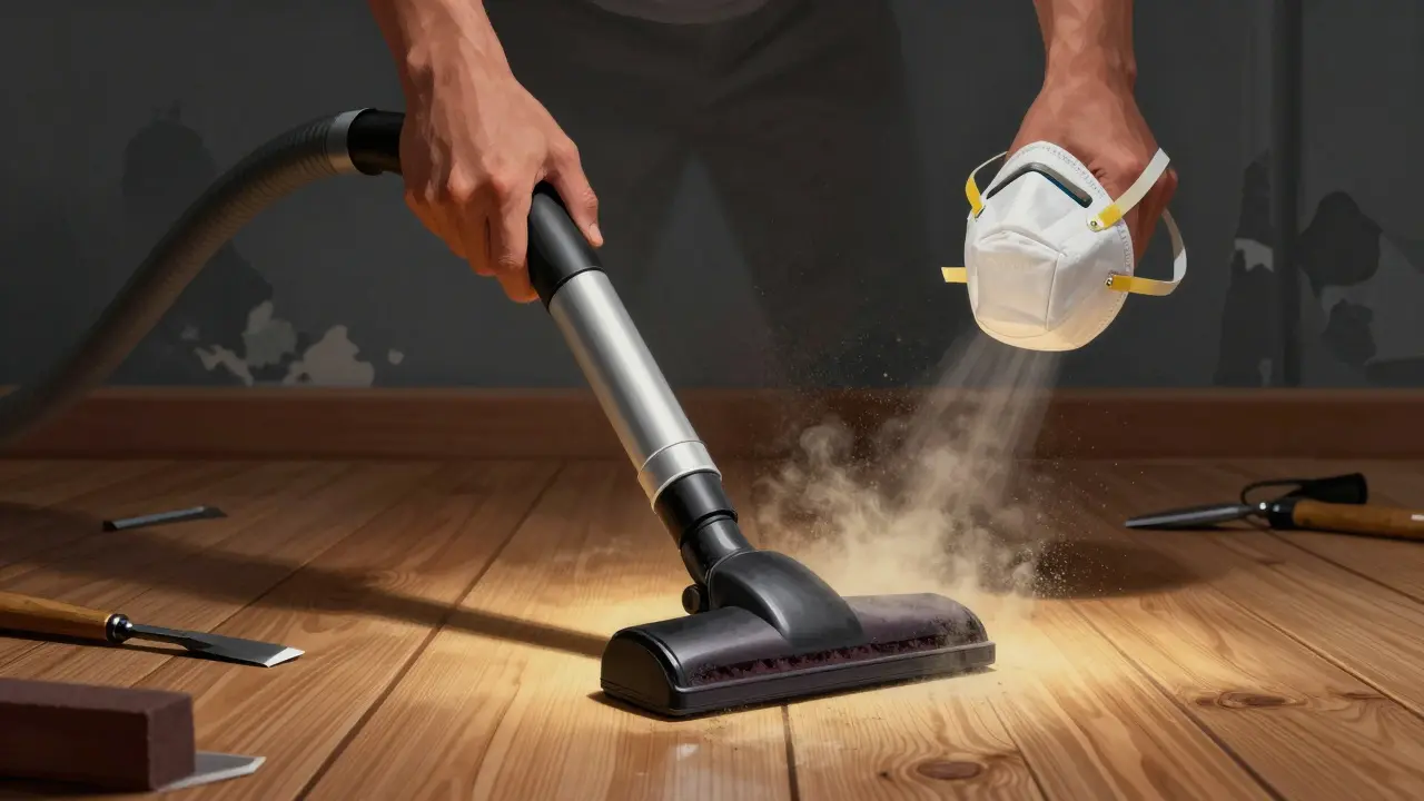 Hand mit Atemschutzmaske hält HEPA-Sauger über gesandetes Holz, giftiger Staub steigt in goldenem Licht auf.