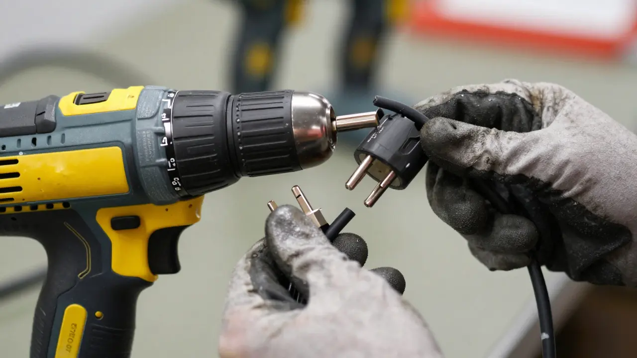 Hände prüfen das Kabel einer Bohrmaschine auf Risse und Beschädigungen.