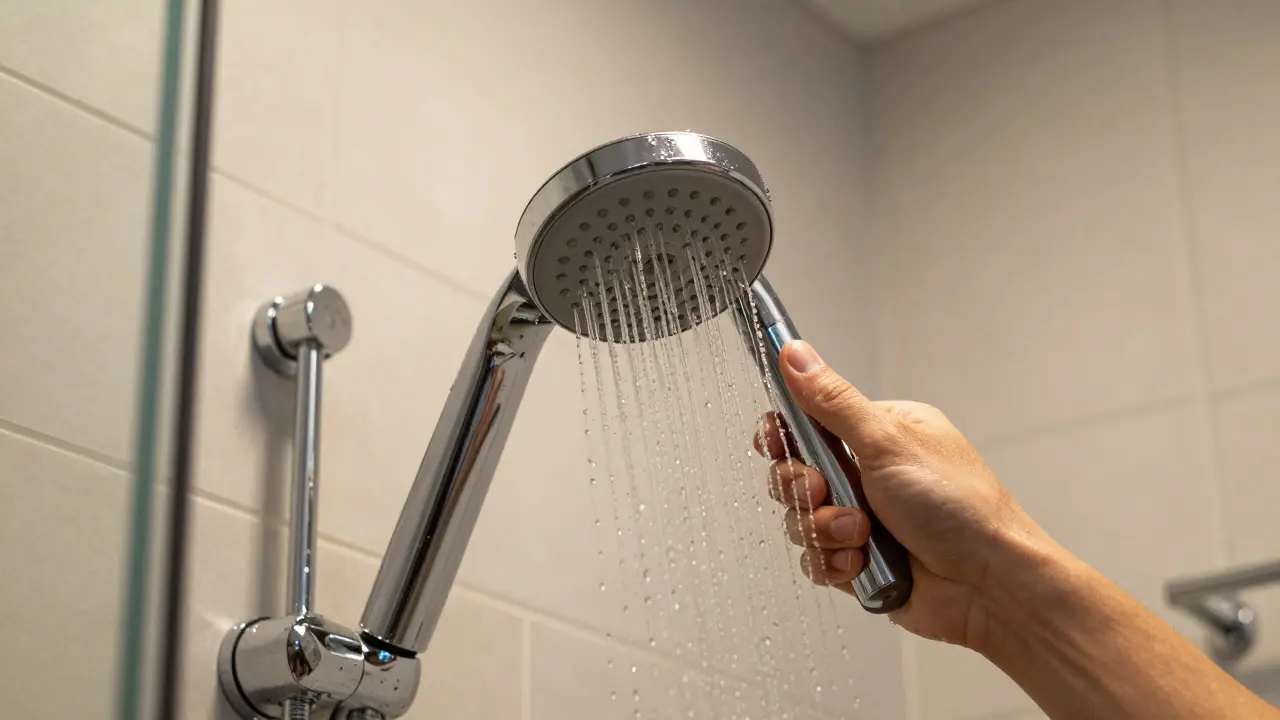 Handwerker installiert moderne Walk-in-Dusche mit Chromarmatur.