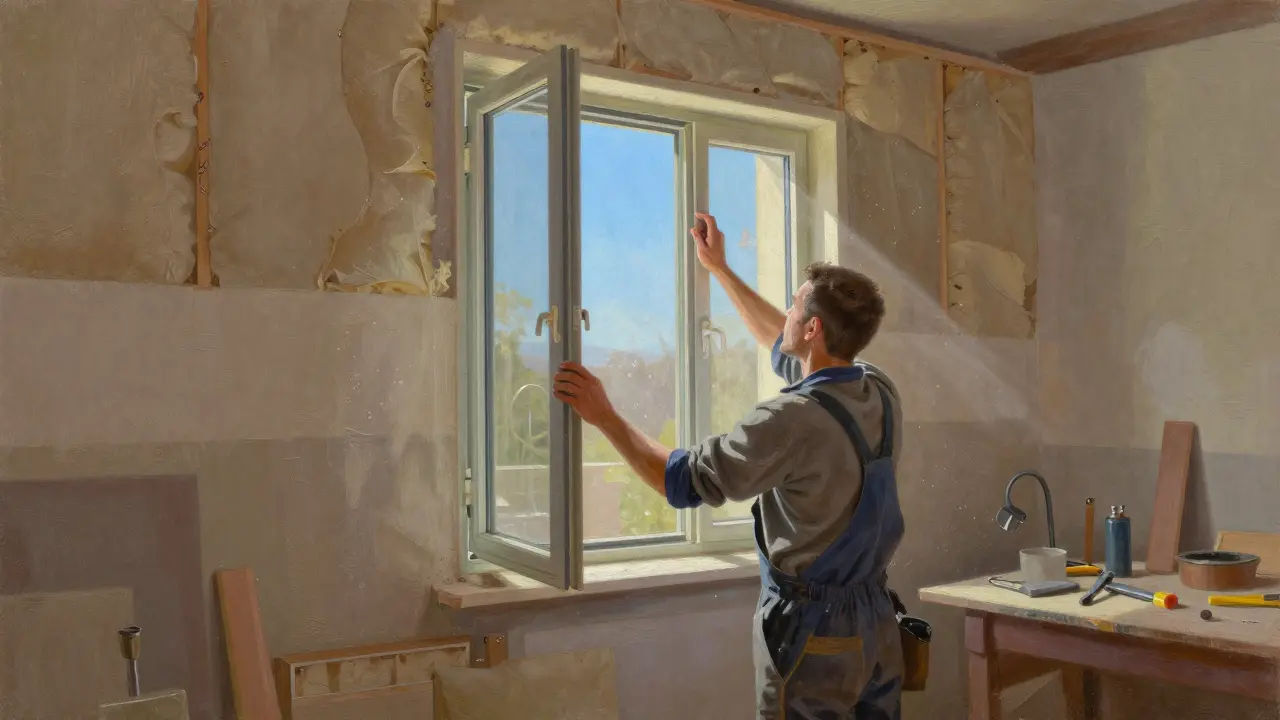 Handwerker montiert ein altes Fenster während der zirkulären Renovierung.