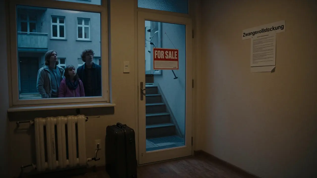 Leere Wohnung mit Zwangsversteigerungs-Notiz, Familie blickt von draußen auf das Haus, abendliche Stimmung.