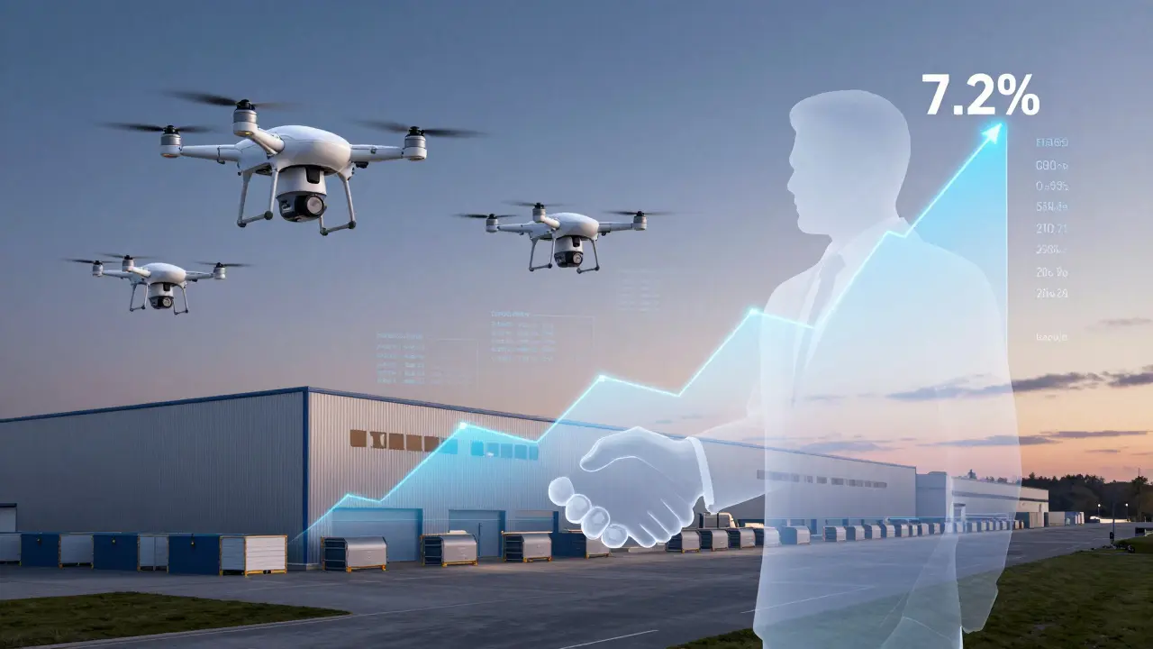 Logistikzentrum bei Leipzig mit automatisierten Lagern und Drohnen, symbolisiert durch eine steigende Renditekurve und einen Handshake.