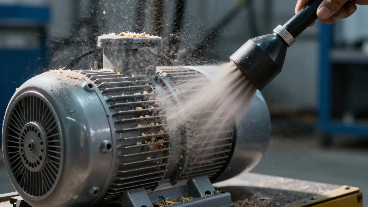 Luftreinigung eines Elektromotors entfernt Staub aus den Lüftungsschlitzen.