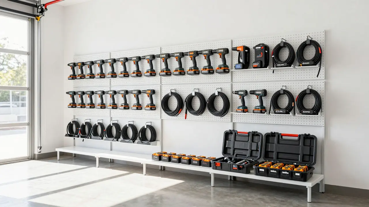 Ordnungsgemäß lagerte Werkzeuge und Akkus in einem organisierten Raum.