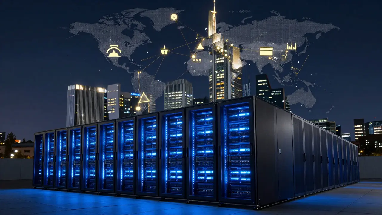 Rechenzentrum in Frankfurt bei Nacht mit blauem Licht und Verbindungen zu asiatischen Finanzzentren wie Tokio und Singapur.