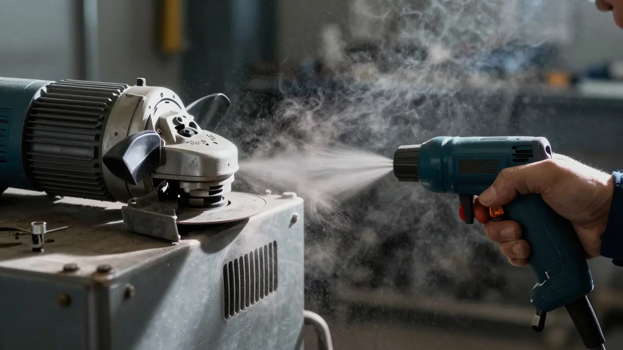 Reinigung von Geräteschlitzen mit Druckluft vor metallischem Staub.