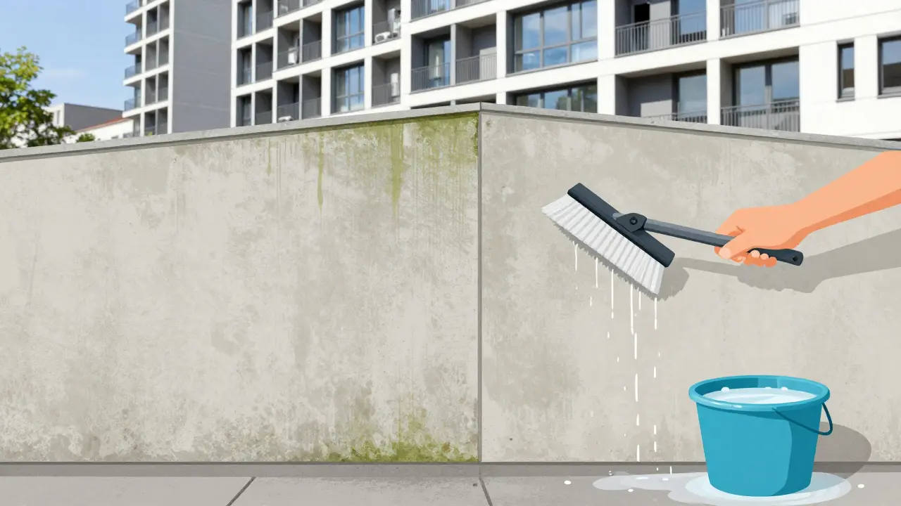 Sanfte Reinigung einer Faserzementfassade mit weicher Bürste und Wasser – ohne Hochdruckreiniger.