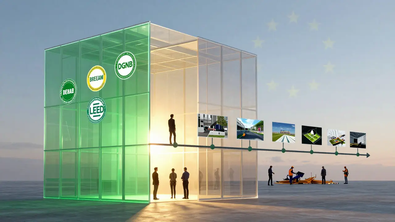 Transparenzdarstellung eines nachhaltigen Gebäudes mit Zertifizierungsseals und Bauprozess-Timeline, goldenes Licht aus dem Inneren.