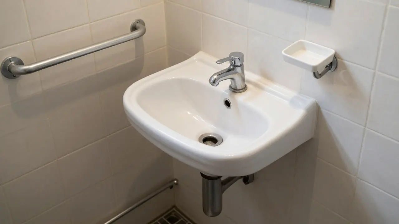 Unterfahrbarer Waschtisch mit seitlicher Abflussführung in einem historischen Badezimmer, ohne Säulen oder Verkleidung.