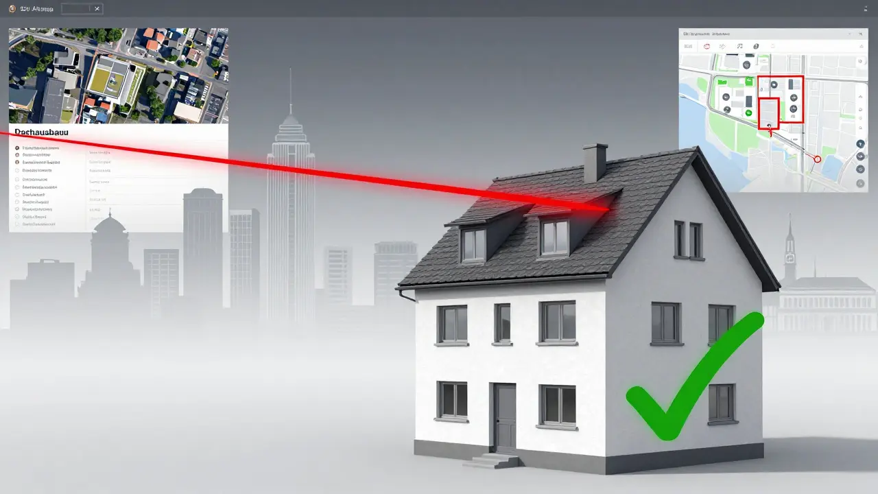 Vergleich eines legalen und illegalen Dachausbaus mit digitalen Überlagerungen von Bauvorschriften und Stadtplanungsportalen.