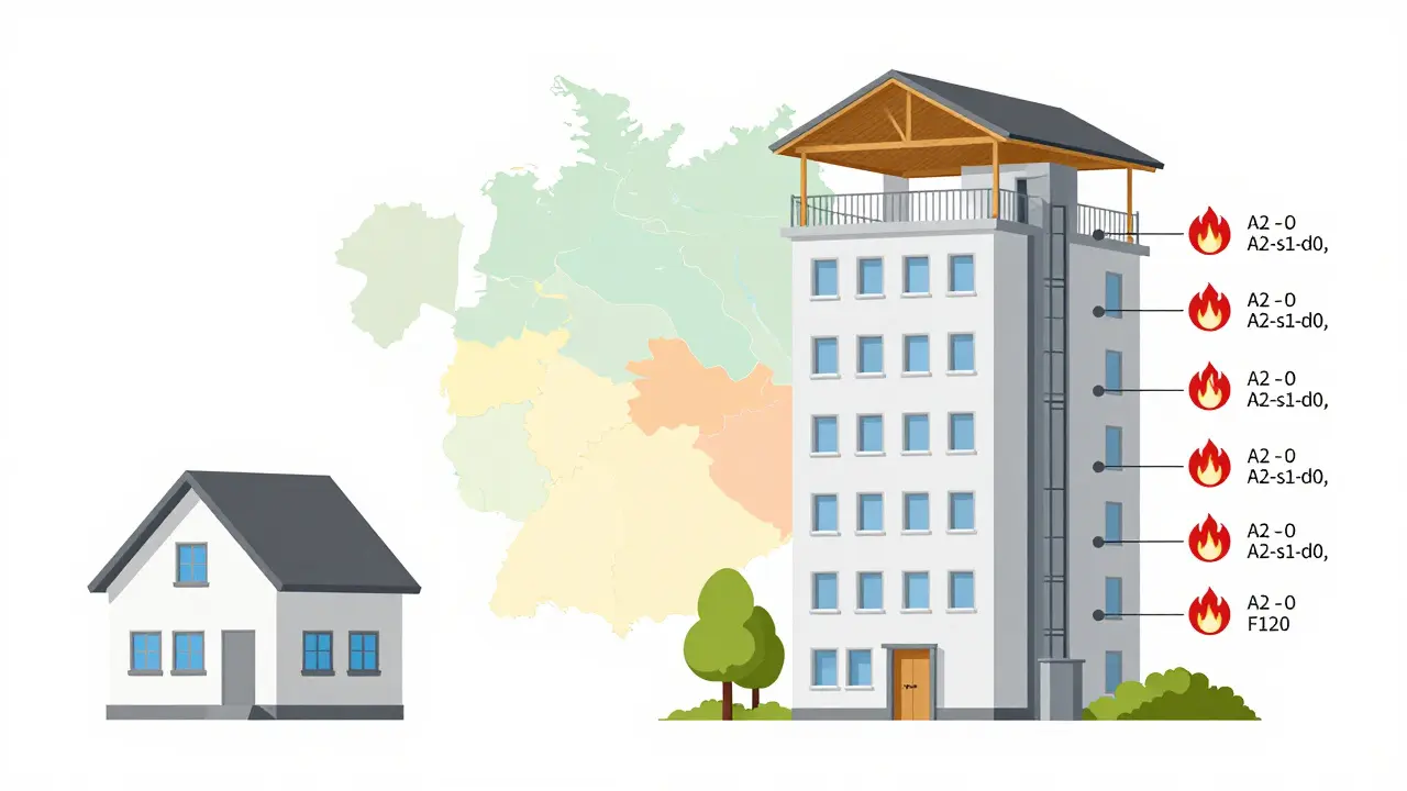 Vergleichsdarstellung eines einfachen Einfamilienhauses und eines komplexen Wohngebäudes mit Dachterrasse und Holzbauweise, regional unterschiedliche Brandschutzvorschriften hervorgehoben.