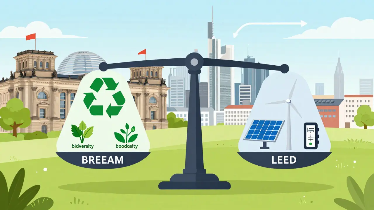 Vergleichsgrafik von BREEAM und LEED mit ökologischen und energiebezogenen Symbolen, Hintergrund deutsche Stadtsilhouetten.
