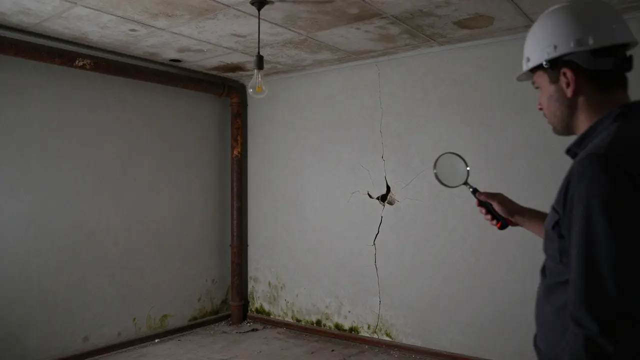 Vernachlässigte Wohnung mit Schimmel, rostigen Rohren und feuchten Decken, Sachverständiger mit Messgerät vor Ort.