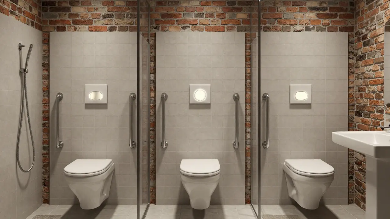 Wandverkleidungen mit integrierter Halterung für Stützgriffe neben Toilette, Dusche und Waschbecken in einem Altbau.