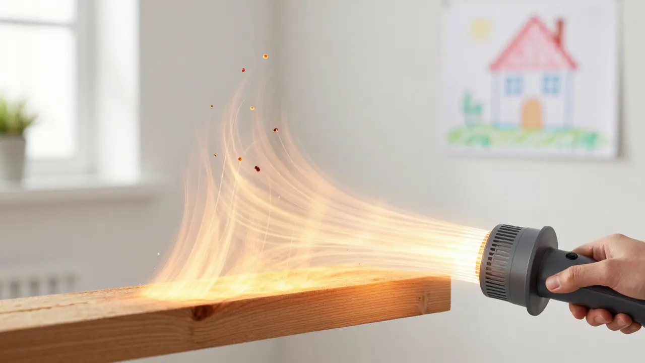 Wärmewelle zerstört Schädlinge im Holz, ohne Staub oder Chemie, ein Kinderskizze zeigt ein sicheres Zuhause.