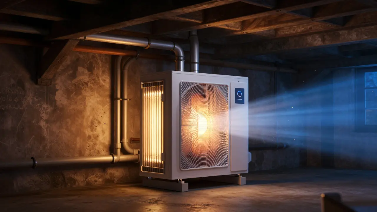 Zentrale Lüftungsanlage im Keller eines Altbauhauses mit Wärmetauscher, der Wärme aus abgeführter Luft auf frische Luft überträgt.