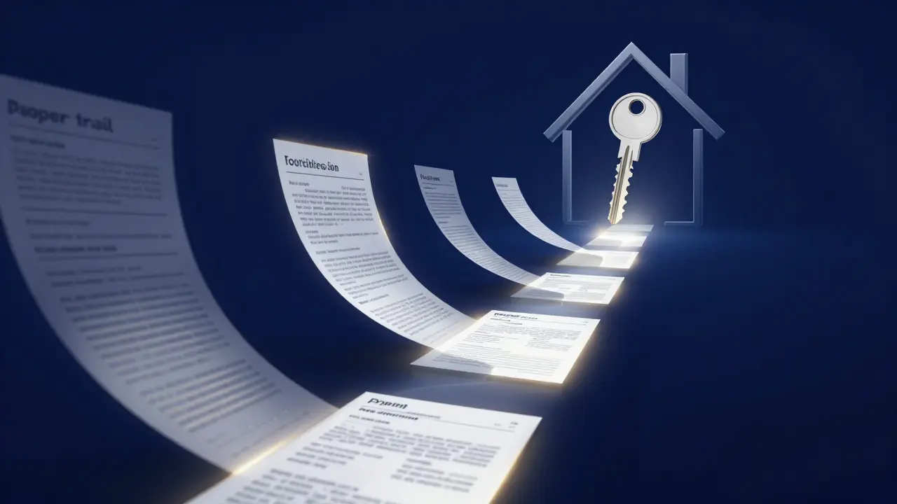 Abstrakte Darstellung eines digitalen Papierpfads, der zu einem Hausschlüssel führt.