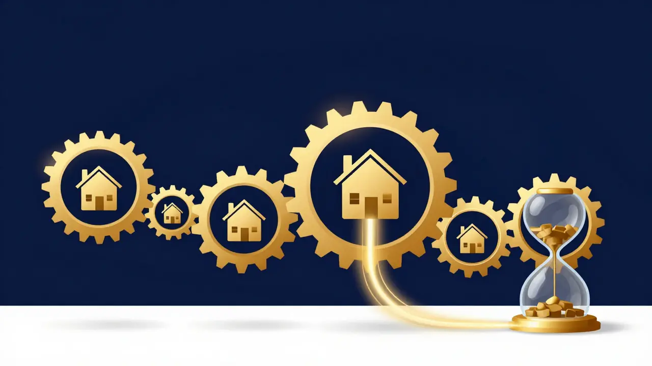 Abstrakte Darstellung von goldenen Zahnrädern und Sanduhren für die steuerliche Vermögensübertragung.