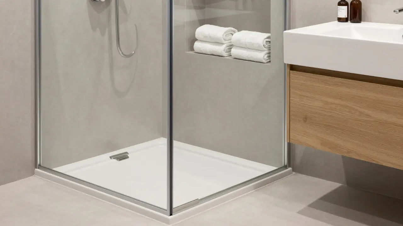 Barrierefreies Bad mit bodengleicher Dusche, Schiebetür und integrierten Wandregalen.