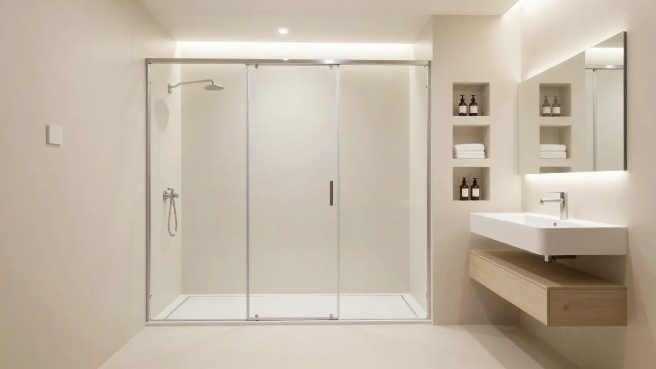 Barrierefreies Badezimmer mit bodengleicher Dusche und ergonomisch platzierten Möbeln.