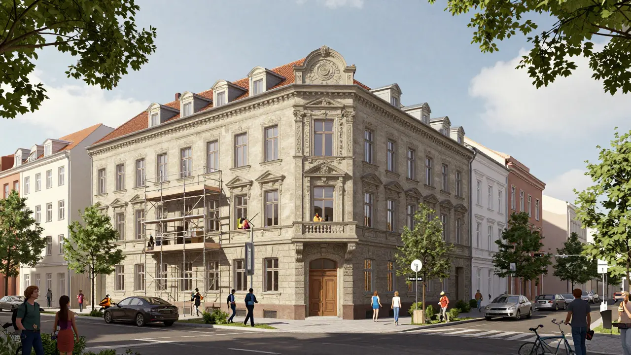 Behutsame Sanierung eines Berliner Altbaus mit Gerüsten und einer lebendigen Nachbarschaft.