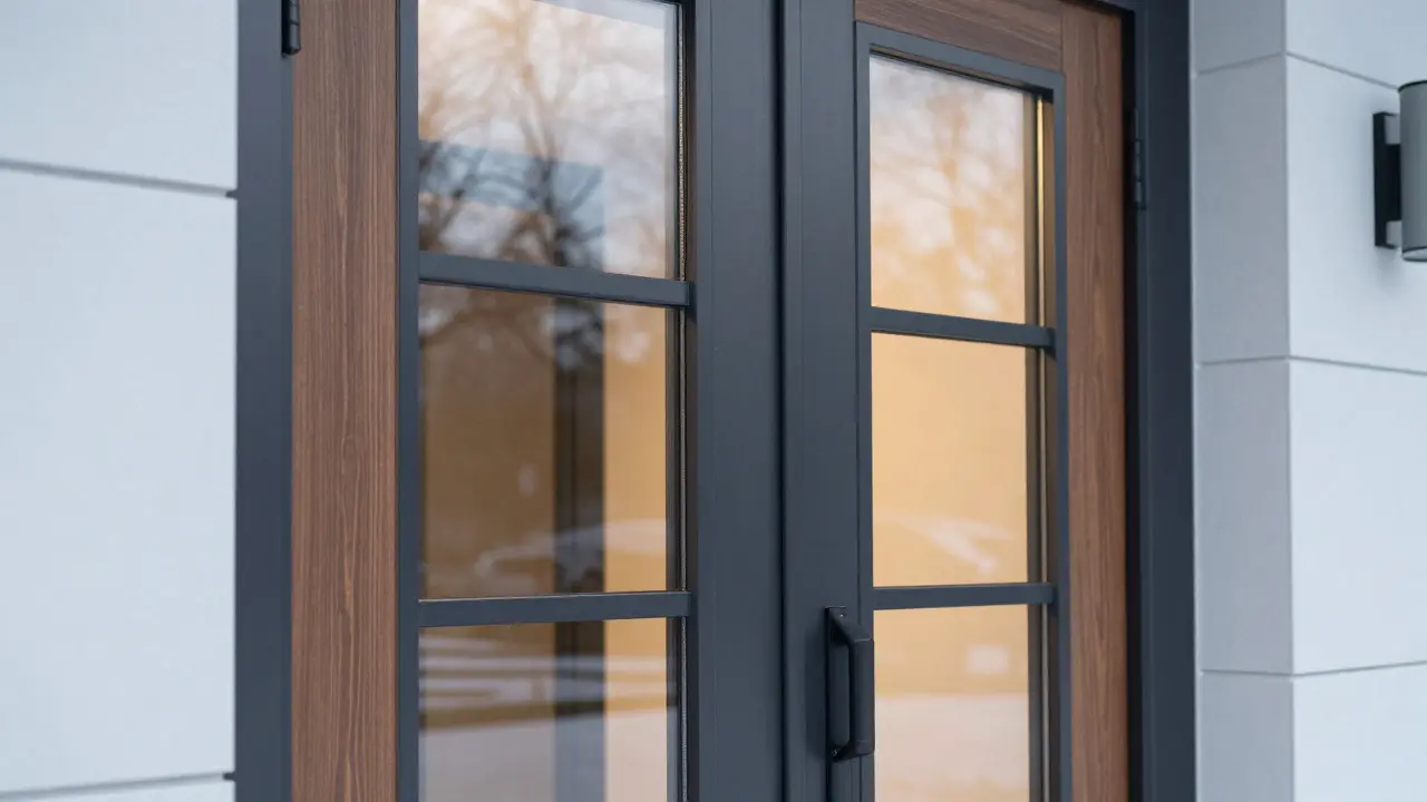 Detailansicht einer modernen Holz-Aluminium-Haustür mit 3-fach-Verglasung