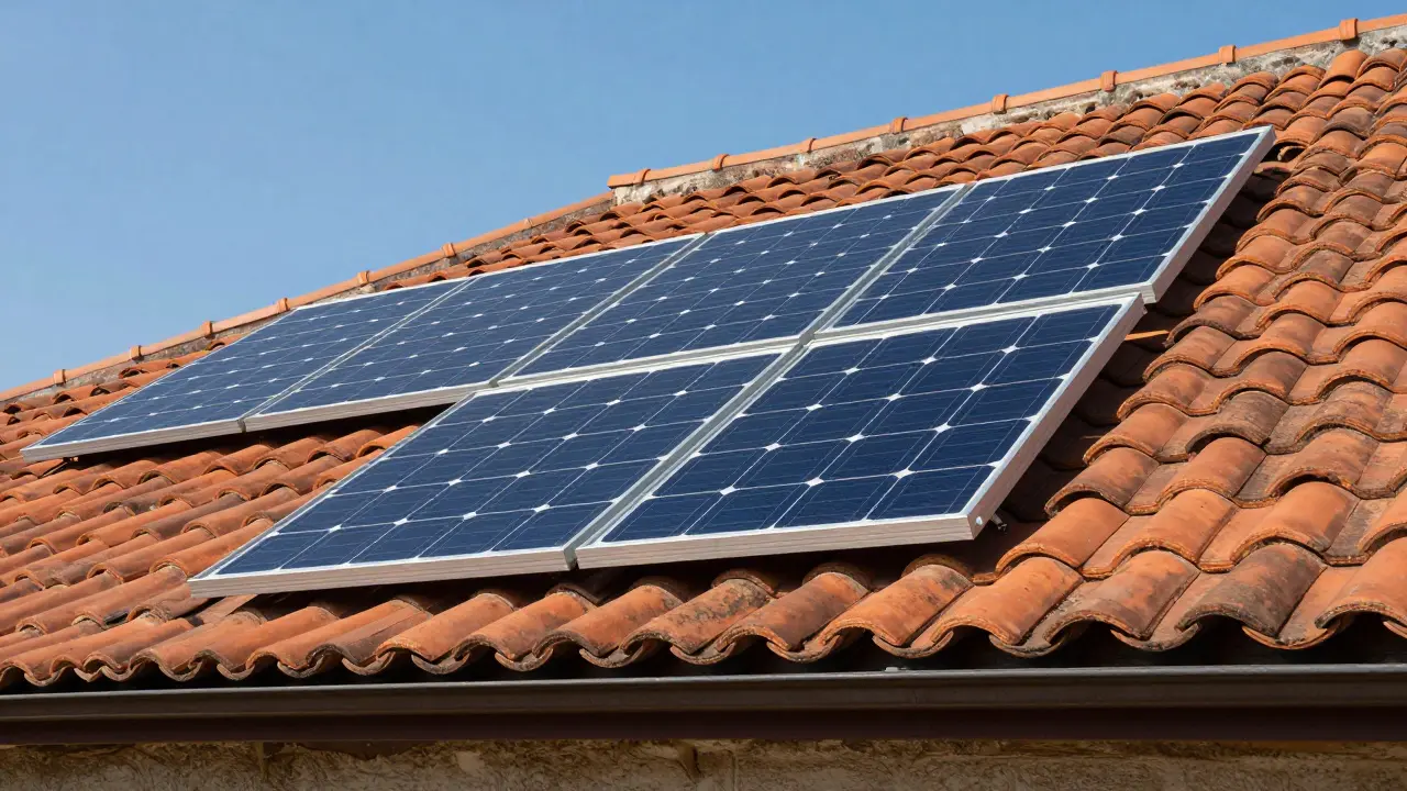 Detailansicht von Solardachziegeln auf einem traditionellen historischen Hausdach.