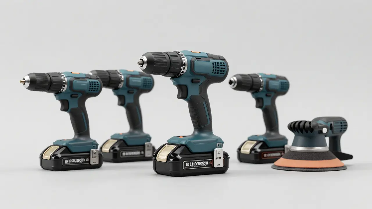 Ein Akku-System mit passenden Elektrowerkzeugen vor neutralem Hintergrund.