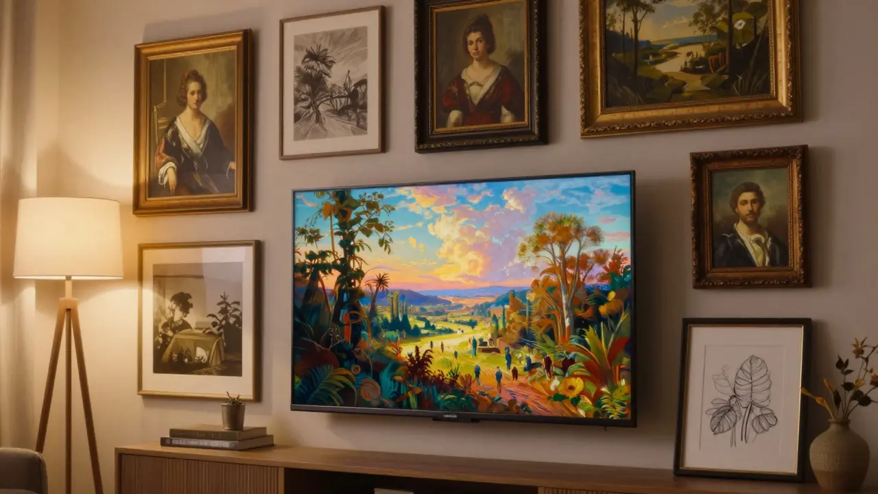 Ein Fernseher, der als Kunstwerk in einer Bilderwand perfekt getarnt ist.