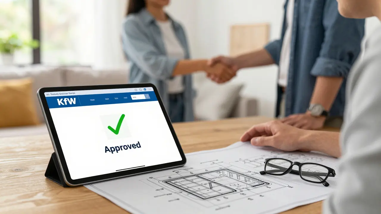 Ein genehmigter KfW-Antrag auf einem Tablet neben technischen Heizungsplänen.