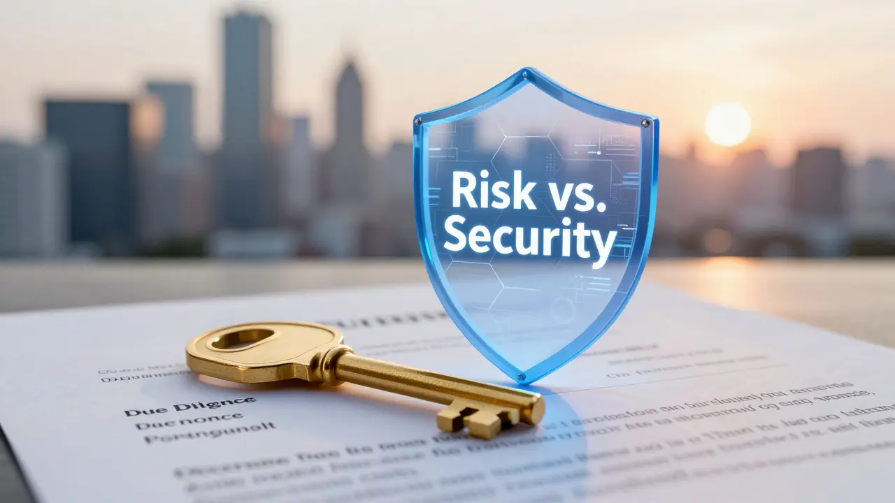 Ein goldener Schlüssel auf einem Vertrag, geschützt durch einen digitalen Sicherheitsschild.