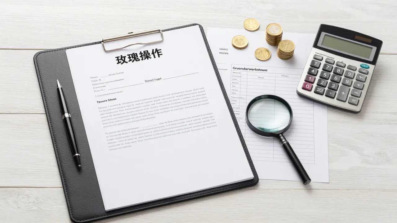 Ein Immobilienvertrag auf einem Tisch mit Taschenrechner und Münzen zur Kostenkalkulation.