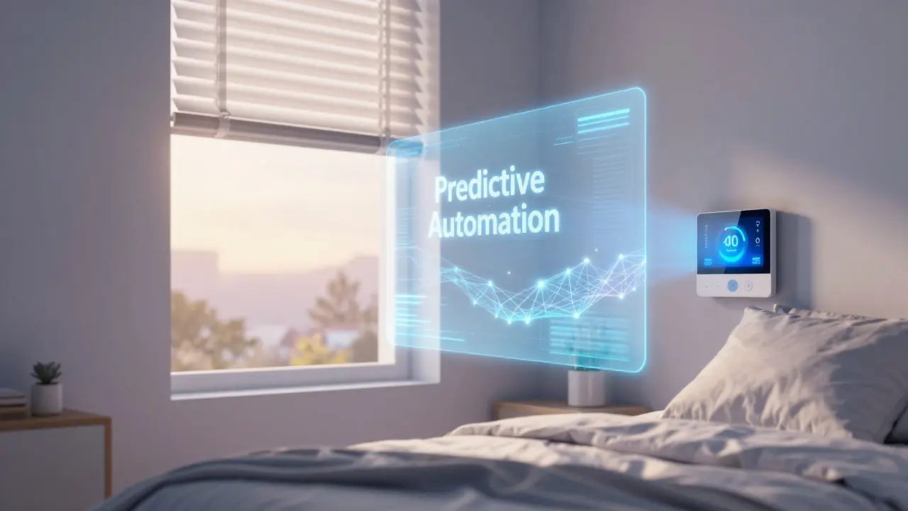 Ein intelliges Schlafzimmer, das durch KI-gesteuerte Automation sanft erwacht.