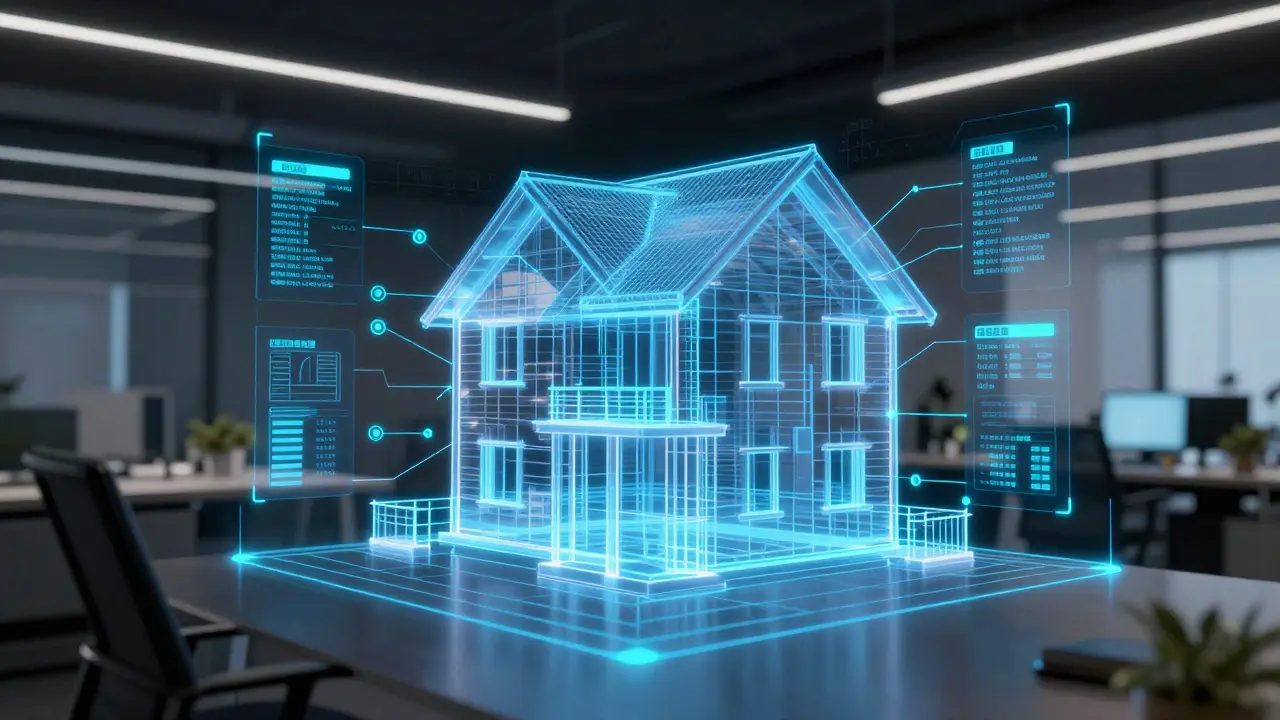 Ein leuchtendes digitales 3D-Modell eines Hauses zur Darstellung von BIM-Planung.