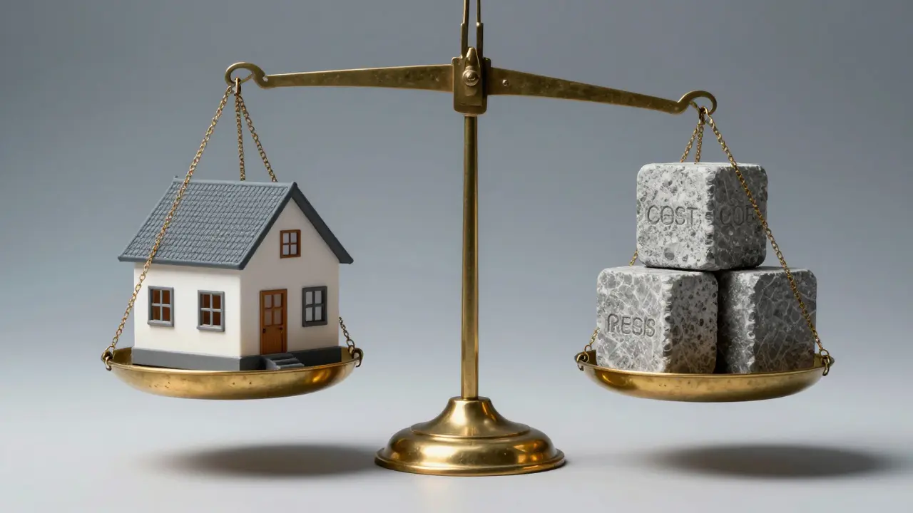 Ein Miniaturhaus auf einer Waage, die durch schwere Steine als Kaufnebenkosten belastet wird.