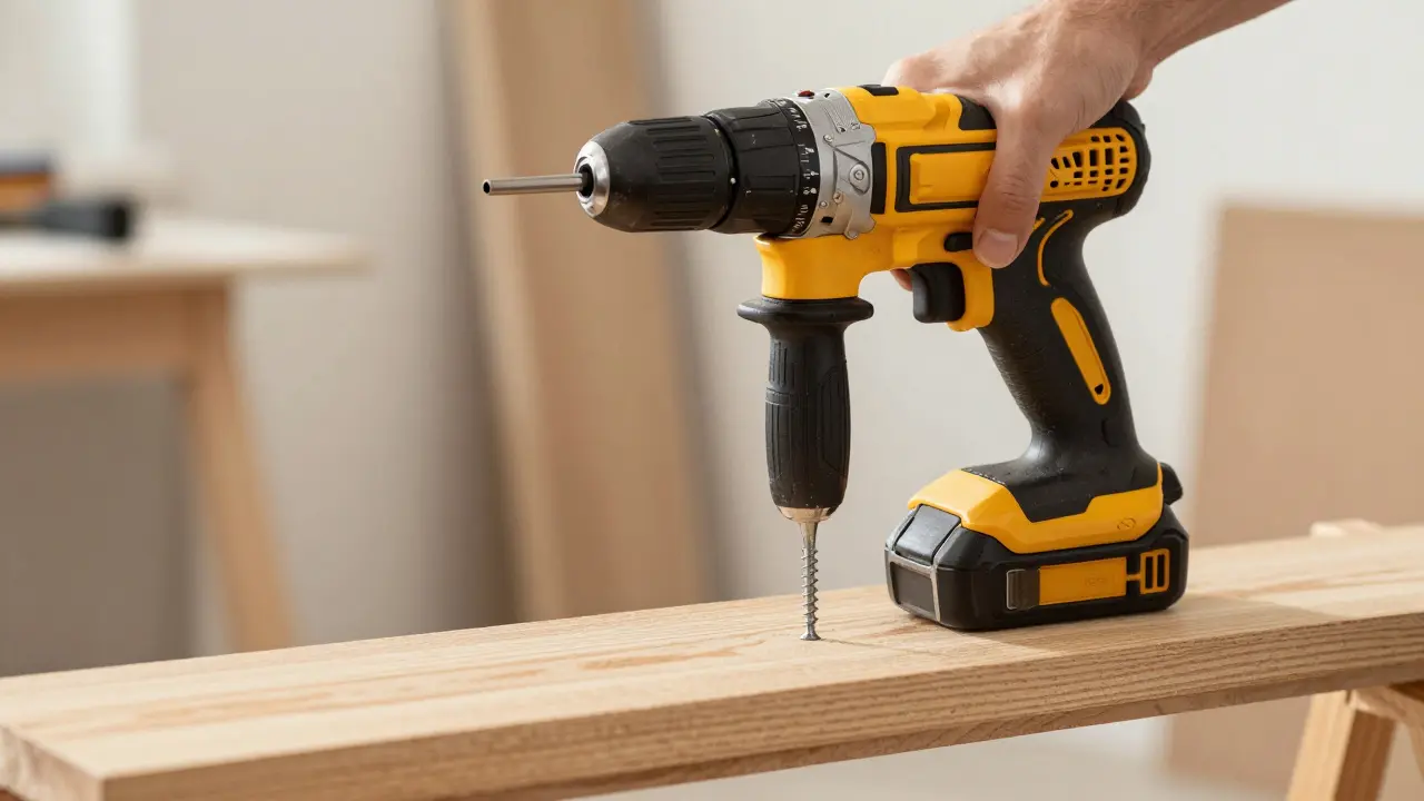 Ein moderner Akkuschrauber im Einsatz beim Schrauben in Holz.