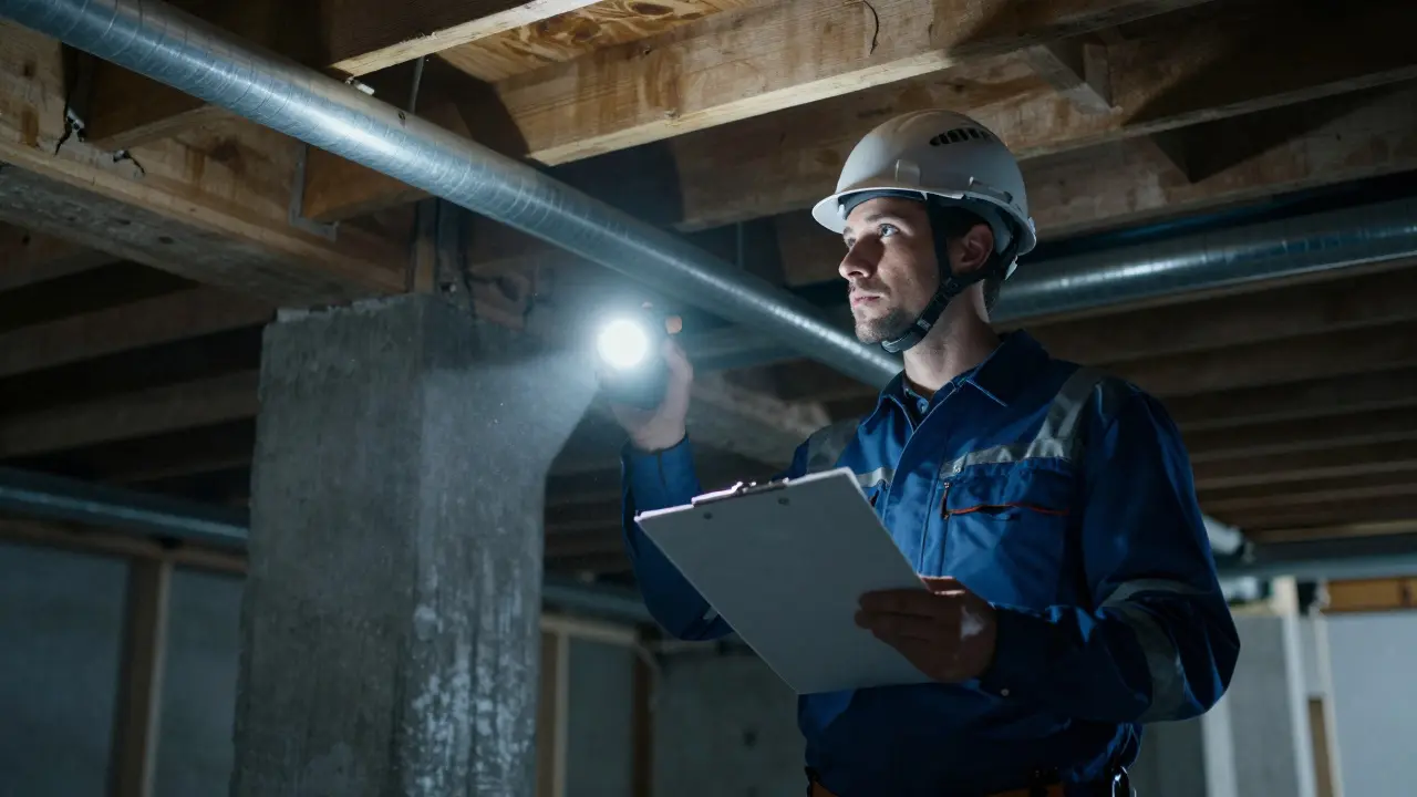 Ein Sachverständiger inspiziert einen dunklen Keller mit Taschenlampe und Klemmbrett.