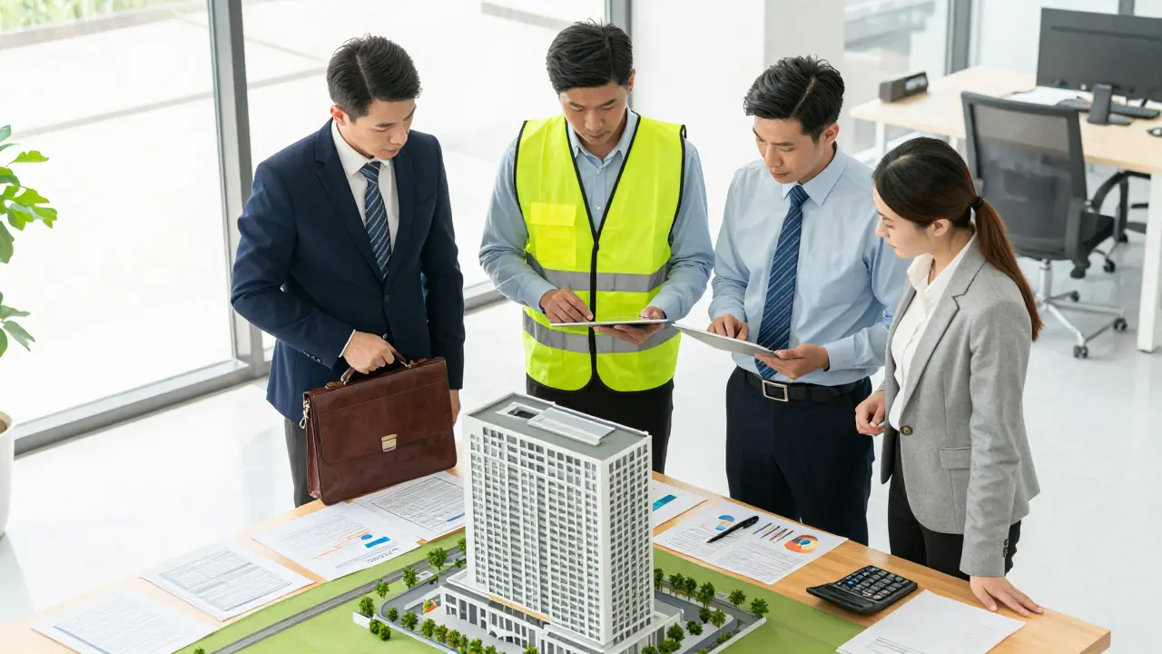 Ein Team aus Anwalt, Gutachter und Analyst prüft gemeinsam ein Immobilienprojekt.