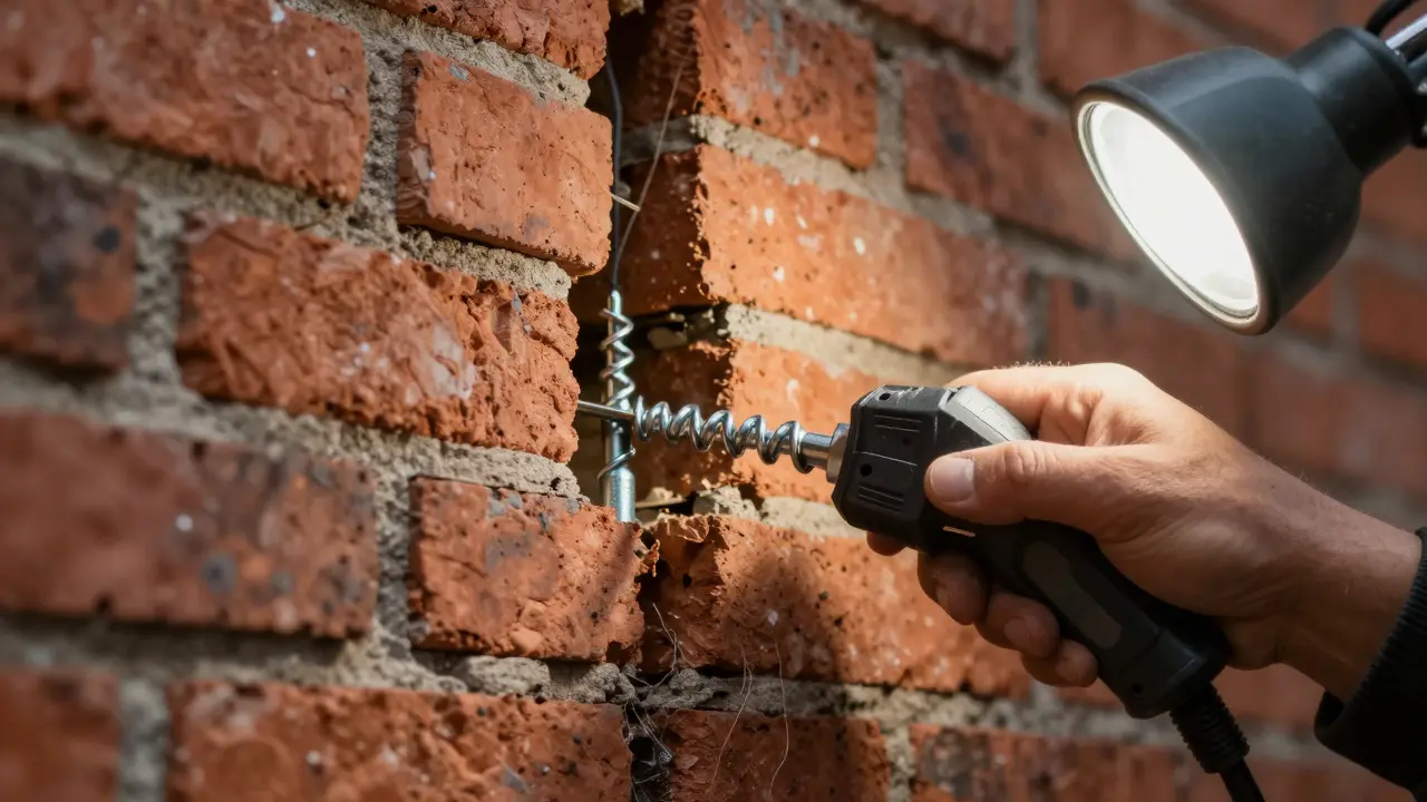 Einbau eines Spiralankers zur statischen Verstärkung einer Mauerwerksmauer