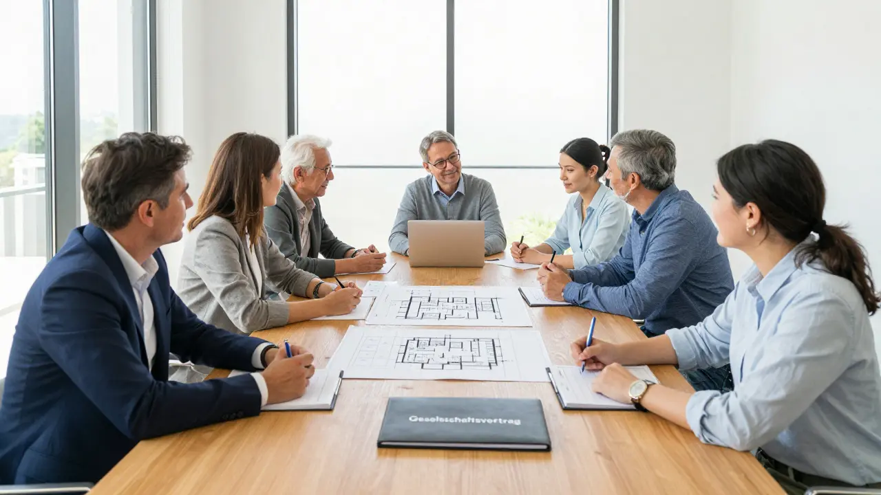 Eine Familie bei einer strategischen Besprechung über Immobilienvermögen in einem hellen Büro.
