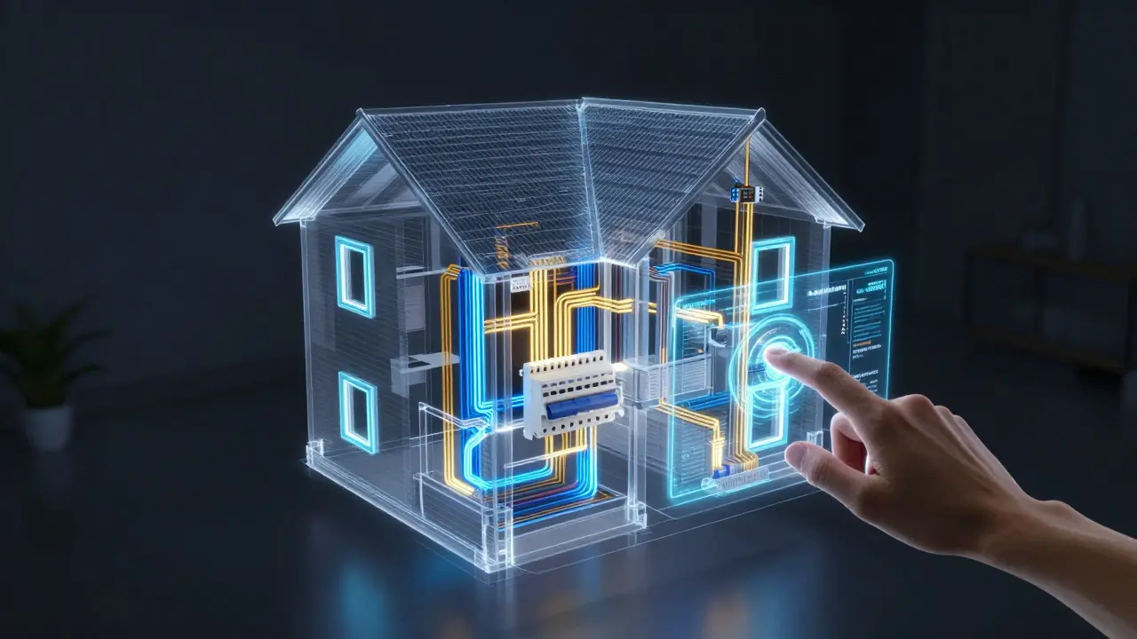 Futuristisches 3D-BIM-Modell eines Hauses mit sichtbaren elektrischen Installationen in den Wänden.